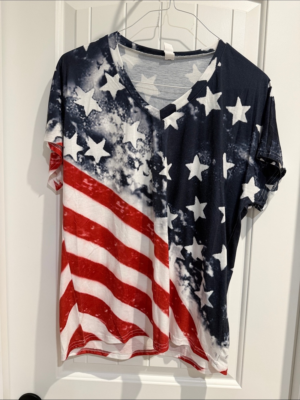 V-Neck Short Sleeve Tee - American Flag Print - Red/White/Blue